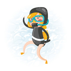 Clip art of one cute girl scuba diver in black wet suit which is ideal for creating your wallpapers, backgrounds, stickers, fabric patterns, clothing prints, labels, crafts & projects