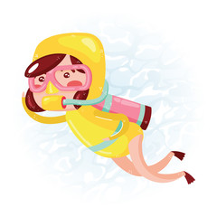 Clip art of one cute girl scuba diver in yellow wet suit which is ideal for creating your wallpapers, backgrounds, stickers, fabric patterns, clothing prints, labels, crafts & projects