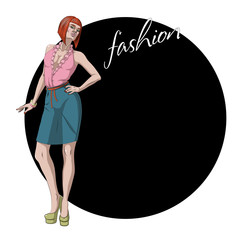 Fashion Vector Illustration. Beautiful young model woman is posing.
