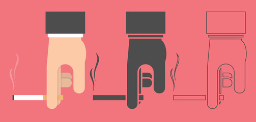 Hand holding cigarette icon in three different style