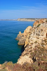 Elevated view of the rugged coastline and cliffs, Ponta da Piedade, Algarve, Portugal.