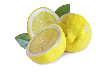 a group of fresh juicy sliced fragrant lemons with leaves