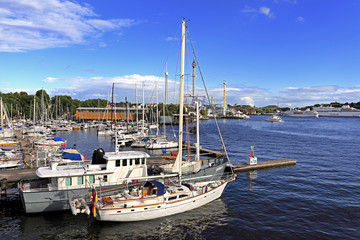 Stockholm, Sweden - Boats docking by the Djurgarden Island - obrazy, fototapety, plakaty