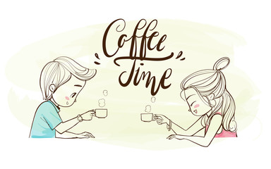 Cute couple drinking coffee in the cafe. Hand drawning Vector Illustration.