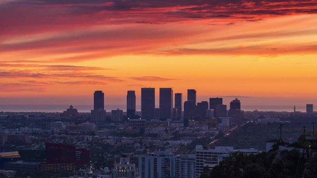 Los Angeles cityscape View Hollywood Beverly Hills Century City Sunset night. 4K