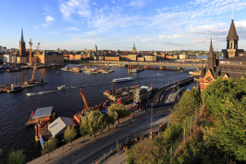 Stockholm, Sweden - Old town quarter Gamla Stan with city hall and Centralbron bridge
