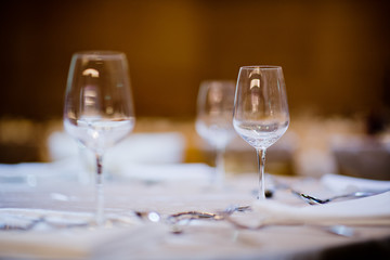 Empty glasses wine in restaurant. Glass water, campaign glass