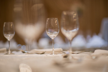 Empty glasses wine in restaurant. Glass water, campaign glass