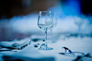 Empty glasses wine in restaurant. Glass water, campaign glass