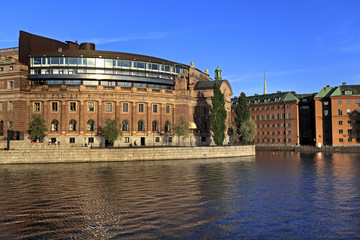 Stockholm, Sweden - Old town quarter Gamla Stan with House of Parliament - obrazy, fototapety, plakaty