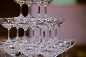 Empty glasses wine in restaurant. Glass water, campaign glass