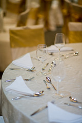 Empty glasses wine in restaurant. Glass water, campaign glass