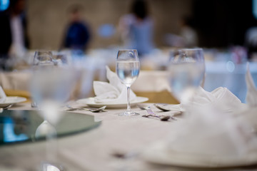 Empty glasses wine in restaurant. Glass water, campaign glass