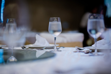 Empty glasses wine in restaurant. Glass water, campaign glass