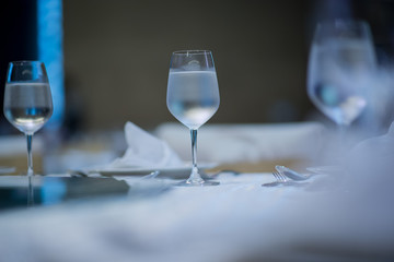 Empty glasses wine in restaurant. Glass water, campaign glass