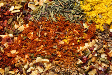 A variety of spices and herbs close-up. Food background.
