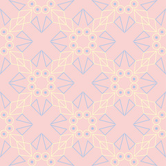 Geometric pink colored seamless pattern with blue and beige elements