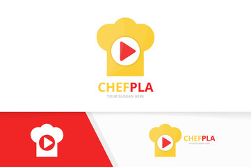 Vector button play and chef hat logo combination. Record and kitchen symbol or icon. Unique help and cook logotype design template.