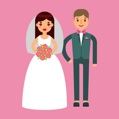 Wedding couple beautiful model girl in white dress and man in suit bride vector illustration