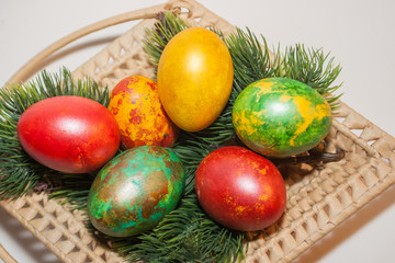 Easter eggs decor closeup marble multicolore egg