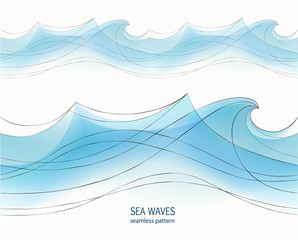 Marine seamless pattern with stylized blue waves on a light background. Water Wave abstract design. 