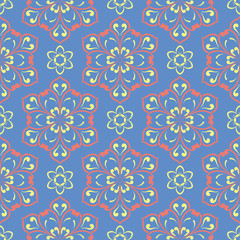 Fototapeta premium Floral seamless pattern. Red and yellow flower elements on blue background