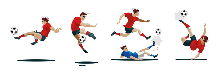 Soccer Player Kicking Ball. Set Collection of different poses