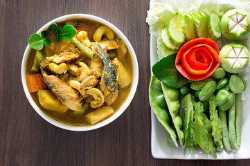 Thai curry fish paunch sour soup (Kang Tai Pla) spicy delicious mix with herb