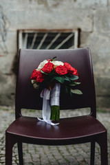 wedding bouquet on the chair in cafe