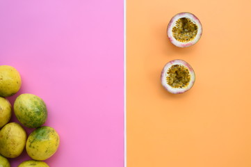 close up of fresh purple passion fruits harvest from farm