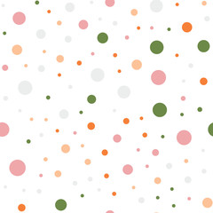 Colorful polka dots seamless pattern on white 14 background. Adorable classic colorful polka dots textile pattern. Seamless scattered confetti fall chaotic decor. Abstract vector illustration.