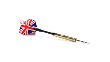 Throwing dart with British flag isolated on white background