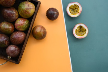 close up of fresh purple passion fruits harvest from farm