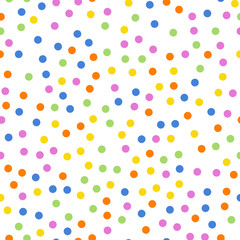 Colorful polka dots seamless pattern on white 2 background. Pretty classic colorful polka dots textile pattern. Seamless scattered confetti fall chaotic decor. Abstract vector illustration.