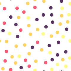 Colorful polka dots seamless pattern on white 25 background. Delightful classic colorful polka dots textile pattern. Seamless scattered confetti fall chaotic decor. Abstract vector illustration.