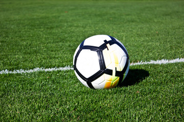 White soccer ball on a green grassy football field