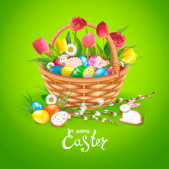 Easter composition with realistic glossy eggs and cookies in the form of eggs, chicken, Bunny, lamb in basket. Wllow twigs, flowers daisy and tulips. Inscription Happy Easter. Green background. 