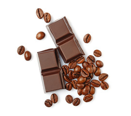 Close-up pieces of dark chocolate bar with coffee flavor and beans