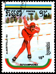 REPUBLIC OF KAMPUCHEA (CAMBODIA) - CIRCA 1989: postage stamp, printed in Republic of Kampuchea, shows a Speed Skating. Series Winter Olympic Games, Albertville, 1992