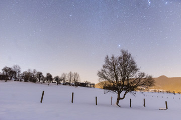 Night snowy scene in Tuhinj valley, Slovenia