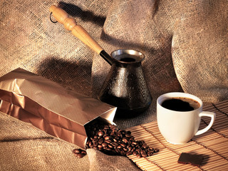 Still life with coffee beans, a Turk and a Cup of coffee