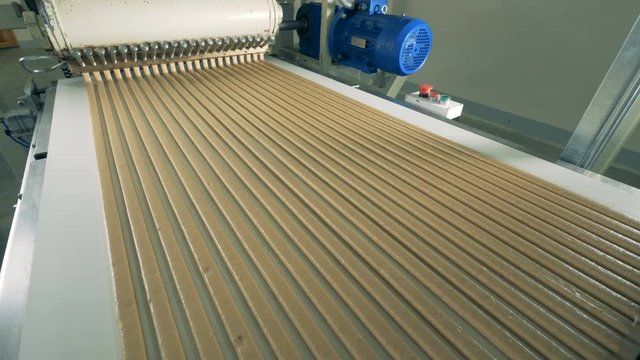 Top view of straight candy lines coming out from producing machine