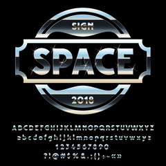 Vector Metallic Silver Logotype Space with sparkling stars. Set of Alphabet Letters, Numbers and Symbols