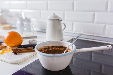 Delicious homemade hot chocolate in the kitchen.