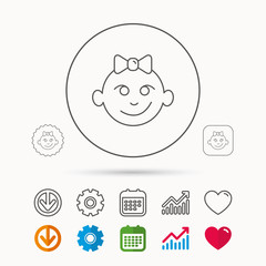 Baby girl face icon. Child with smile sign.