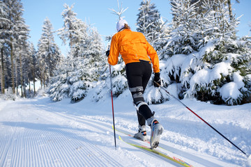 Skifahrer in Winterlandschaft, Rennsteig, Thüringen,  Jacke orange 8