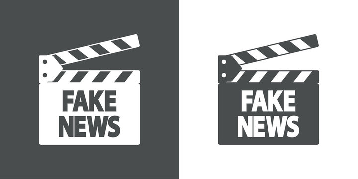 Icono plano claqueta con FAKE NEWS en gris y blanco