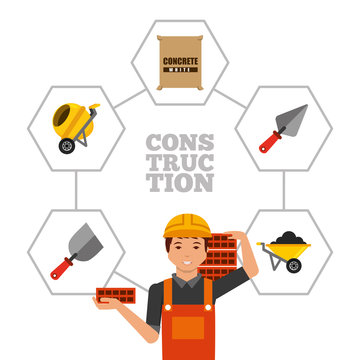 construction worker holding bricks and tools vector illustration