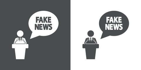 Icono plano mensaje FAKE NEWS con orador en gris y blanco