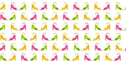 colourful cats with bows green pink yellow seamless pattern